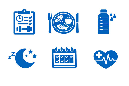 Healthy habits icon set with fitness routines, nutrition and daily wellness tracking. Monocromatic flat vector icons for health apps, planners, UI dashboards and websites.