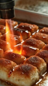 Macro shot of automated torch caramelizing kunafa with sizzling textures and golden syrup. Perfect dessert craft.