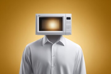 Surreal image of man with microwave head in white shirt on orange background