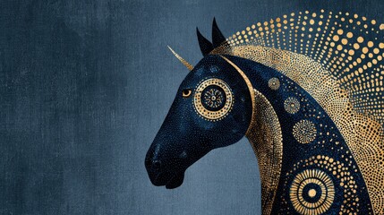 Decorative Abstract Horse with Golden Patterns on Dark Blue Background