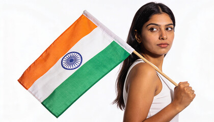 Indian Woman Side View Holding National Flag with Copy Space