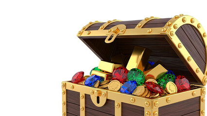 Treasure Chest Overflowing with Gold Bars, Gems, and Coins