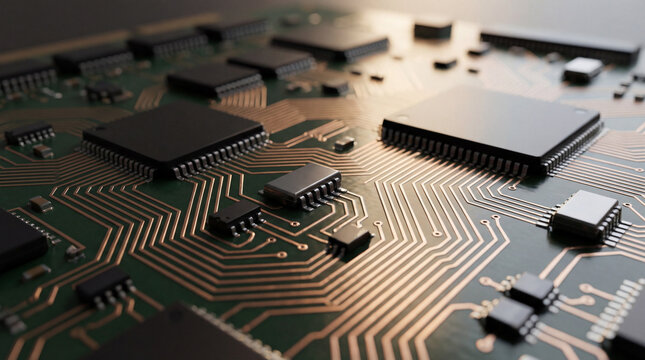 Close-Up of PCB with Integrated Circuits and Copper Traces Highlighting Microelectronic Precision
