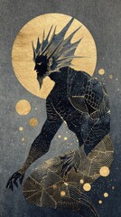 Zodiac Sign Pisces as a Stylized Male Merman with Golden Moon