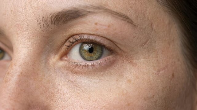 Close-up of a Womans Green Eye with Freckles.