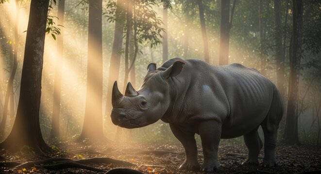 Javan rhinoceros standing in dense tropical forest. A rare and critically endangered rhinoceros species native to Indonesia, symbolizing wildlife conservation and biodiversity.