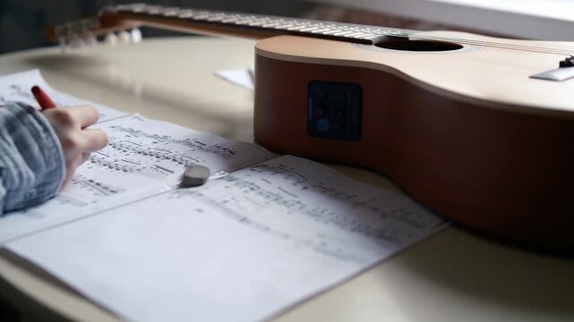 Cinematic learning classical music at home. A classical guitar on table while the teenage girl’s hands carefully write musical notes and make small markings on on sheet music Moscow Russia 01/05/2026 - Powered by Adobe