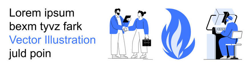 Obraz premium Business teamwork, communication, technology, creativity, health, and collaboration. Professional individuals shaking hands, a stylized flame and a person at a computer. Business and technology