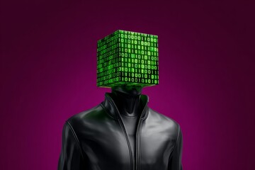 Futuristic man with binary code cube head in black jacket on purple background