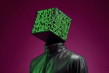 Futuristic concept of digital identity: person with binary cube head and leather jacket