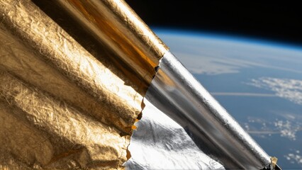 Close up view of crinkled golden and silver material against planet Earth from orbit