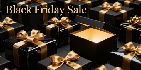 Black gift boxes with golden ribbons and glowing open box, text "Black Friday Sale" for holiday shopping promotion