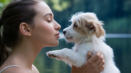 Young woman gently holds and almost kisses her adorable fluffy white puppy outdoors near water
