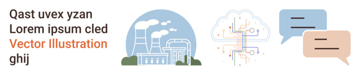 Naklejka premium Industrial operations, AI development, clean energy, digital communication, data processing, and sustainability. Factory, brain-thumbs up circuit and speech bubbles. Industrial operations and AI