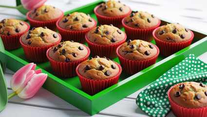 Chocolate chip muffins in red liners on a green tray with tulips and polka dot napkin on white wooden table