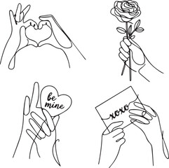 Minimalist Valentine's Day Line Art Hands Set with Heart, Rose, and Love Messages Vector Silhoutte