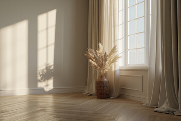 Fototapeta premium empty room corner, Elegant vase holding pampas grass beside a window with soft shadows