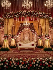 Elaborate wedding stage with floral garlands and elegant decor setup