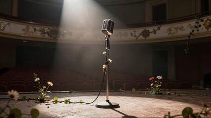 Vintage microphone on an empty theater stage with delicate flowers and dramatic lighting