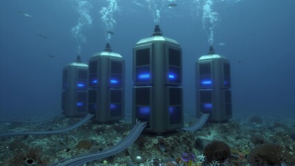 Futuristic underwater server farm with glowing blue lights and visible cable connections
