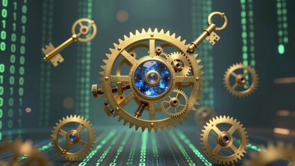 Ornate golden clockwork gears and antique keys float amidst glowing binary code