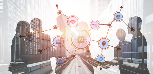 A diverse business team engages in a discussion about artificial intelligence technology, surrounded by a glowing digital interface, symbolizing innovation and collaboration. Tessel