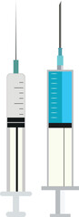Two medical syringes with needles for vaccination with one containing blue liquid medicine