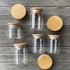 Elegant glass jars with bamboo lids on a rustic wooden surface display