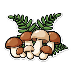 Cluster of Mushrooms with Fern Leaves.