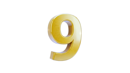 3D Golden Number 9 on transparent background