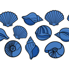 Collection of Blue Seashells and Snail Shells.