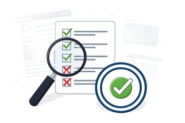 Magnifying glass over a compliance checklist with check marks and crosses. Concept for audit, quality control, and successful task completion.