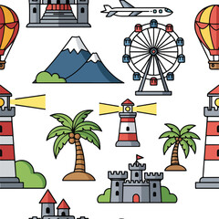 Collection of Cartoon Travel Icons and Symbols.