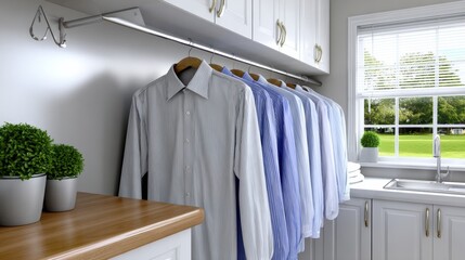 Shirts hanging in a laundry room with a window view of a green yard and a sink area during daylight hours