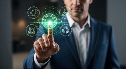 Businessman Interacting with Circular Economy and Recycling Icons
