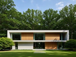 Elegant modern home architecture nestled amongst verdant foliage and lawn