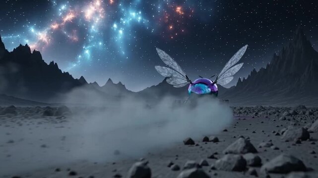 A cuckoo wasp-themed rover with iridescent purple-teal body, circuit wings, and glowing wheels accelerates on alien rocky terrain, kicking up dirt under a starry sky with moon and nebula