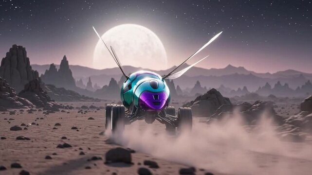 A futuristic mechanical rover styled as a winged cuckoo wasp speeds across alien rocky terrain, kicking up dust under a massive moon in the starry night sky