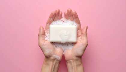 A bar of soap with abundant lather resting in a pair of cupped hands against a vibrant pink background.