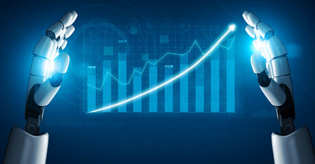 Futuristic robot hands create a visual presentation of a growth graph, symbolizing data analysis and technological advancement in the digital era. Impute