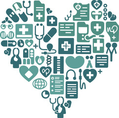 Teal medical forming a heart shape with healthcare symbols