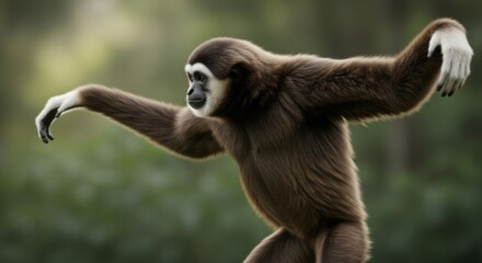 Fototapeta premium Javan gibbon hanging from tree branches in tropical rainforest. An endangered primate endemic to Java, known for long arms, loud calls, and agile movement.
