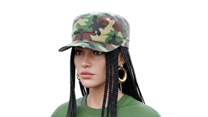 Woman wearing camouflage hat and green shirt with braids and gold earrings