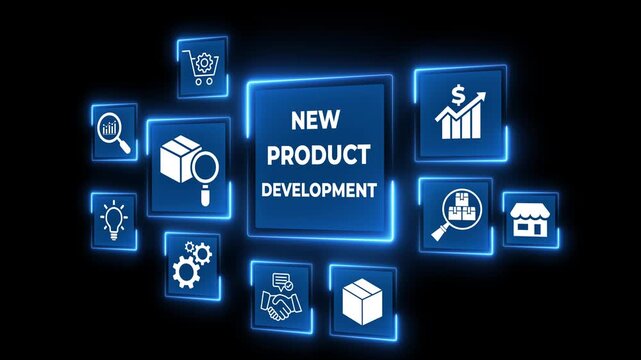 New product development and project roadmap idea on the transparent background. New product development roadmap icons, ideation, development and launching process. Motion graphics of product launching