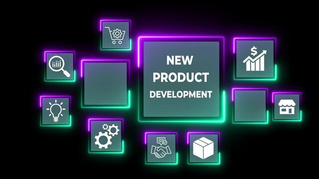 New product development and project roadmap idea on the transparent background. New product development roadmap icons, ideation, development and launching process. Motion graphics of product launching
