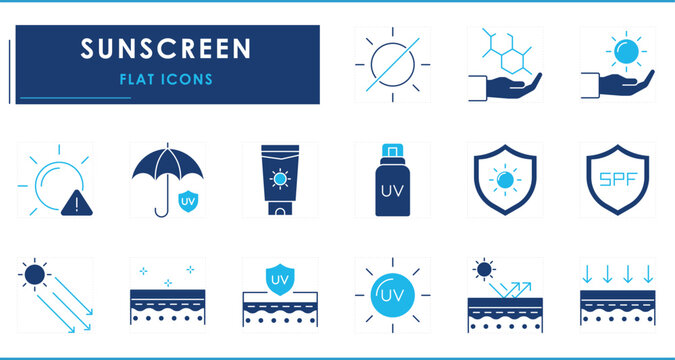 A set of flat icons related to Skin Care. UV rays, filter, sunscreen, glowing skin, umbrella, sun, rays, warn, and so on.
