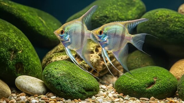 Two Angelfish Swim Gracefully In A Lush Aquarium Amidst Moss Covered Rocks And Colorful Pebbles With Clear Blue Water Providing A Serene Underwater Environment