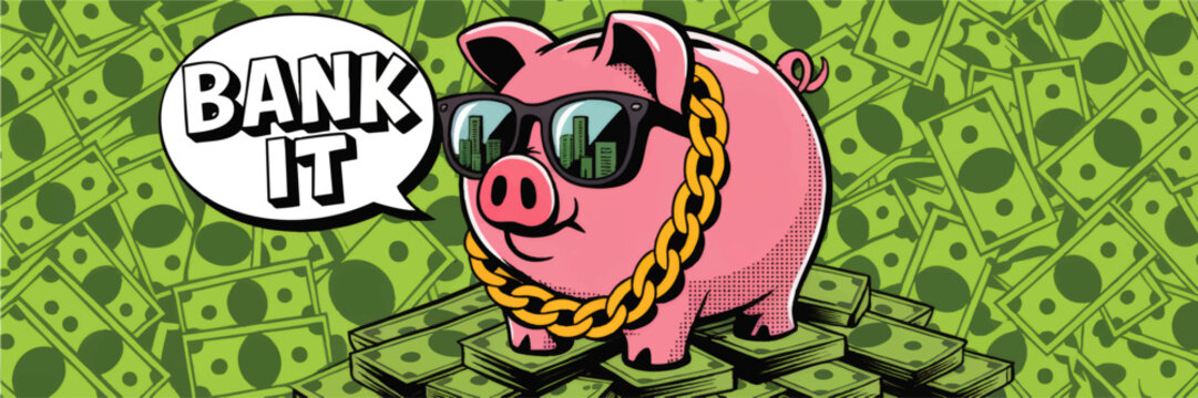 Cool pink piggy bank with sunglasses and gold chain on cash background, pop art comic style money savings concept illustration
