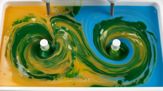 Orange and Blue Liquids Turning Green With Agitators in Laboratory