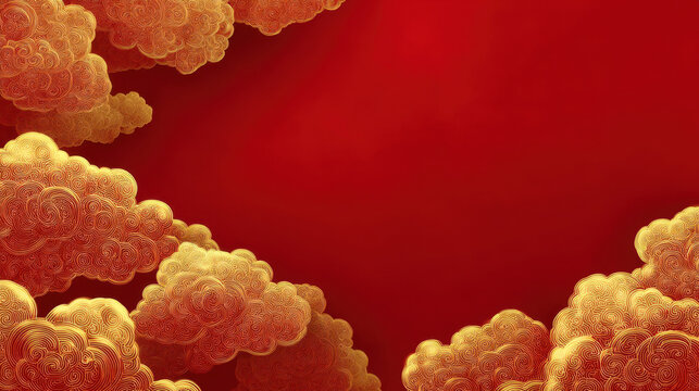 Auspicious golden clouds swirl against vibrant red background, creating striking visual contrast. intricate patterns of clouds evoke sense of elegance and celebration